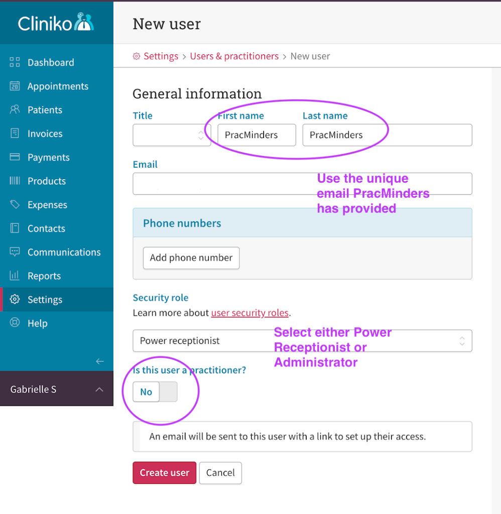 Invite PracMinders to Cliniko