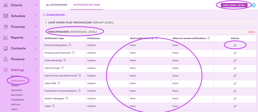 Disable notifications for Pracminders in Halaxy