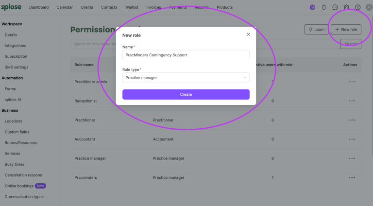 Create a role in Splose for PracMinders